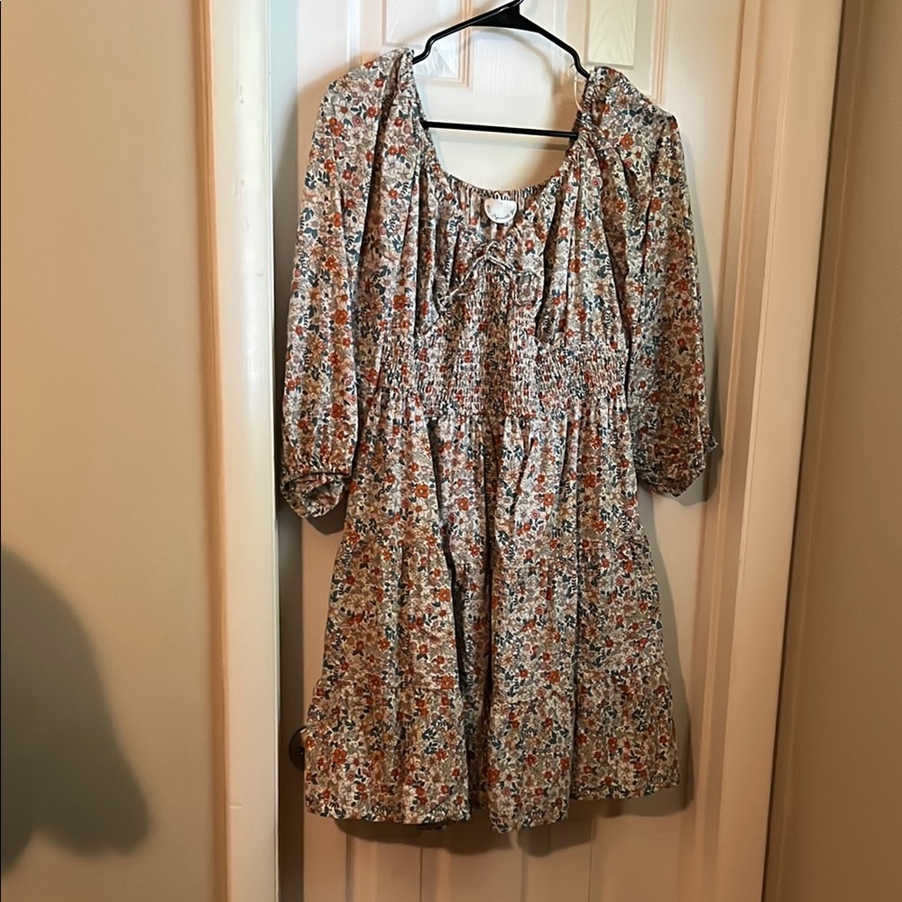 ARULA Orange and Blue Tiered Mini Dress with Bishop Sleeves and Pockets